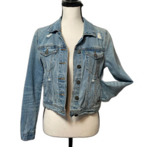 Black Label by C'Est Toi Jean Jacket Cropped Distressed Medium Wash Jean Jacket